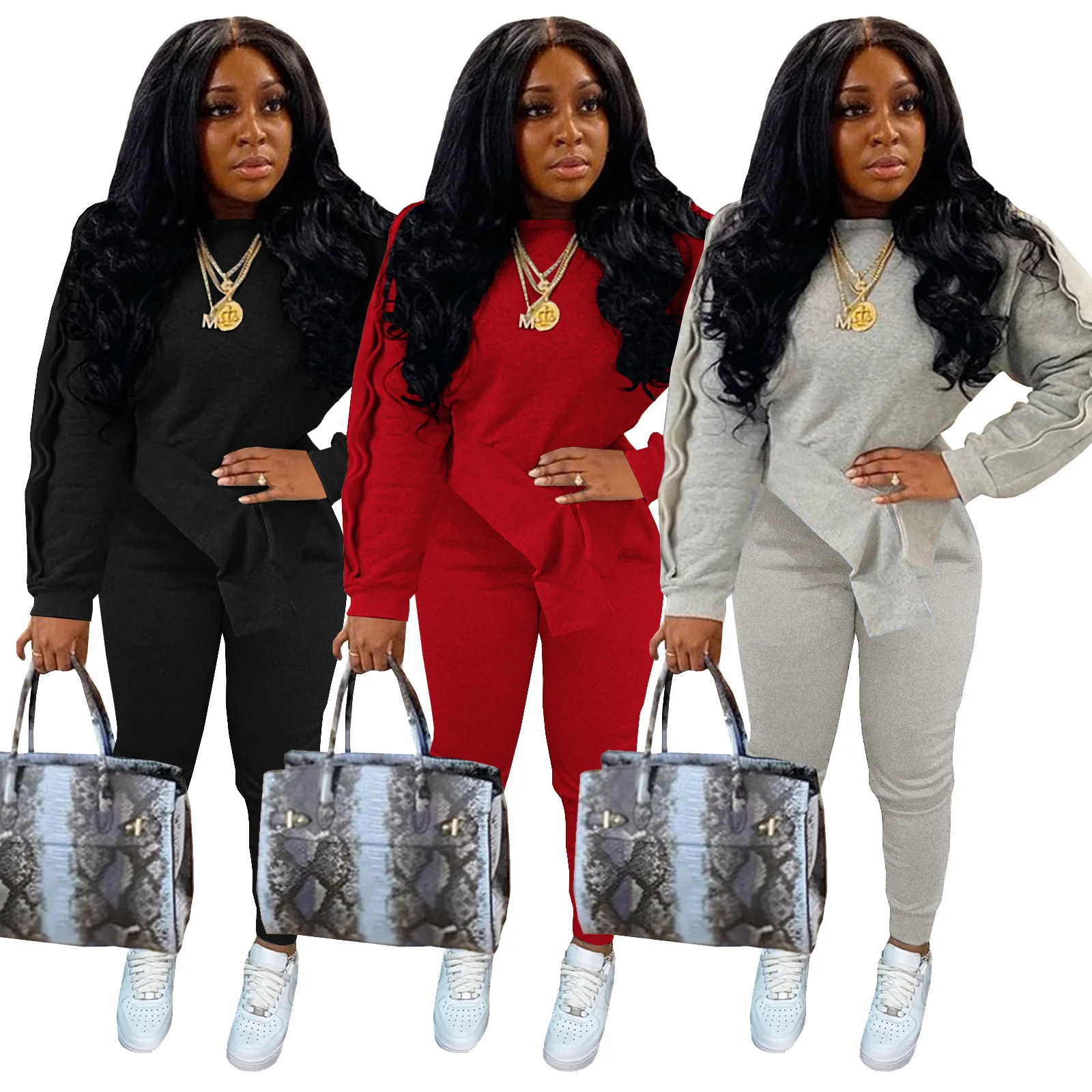 

Casual Women Set Solid Stitching Irregular Tops and Sports Pants Two Piece Set Tracksuit Outfits