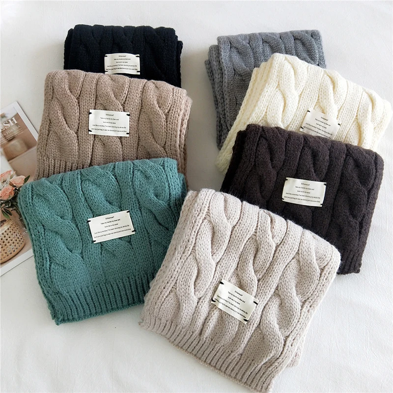 

Winter Simple Knitted Wool Scarf Thick Warm Scarf For Women Pure Color Female Scarves Fashion Knit Increase Shawl Christmas Gift