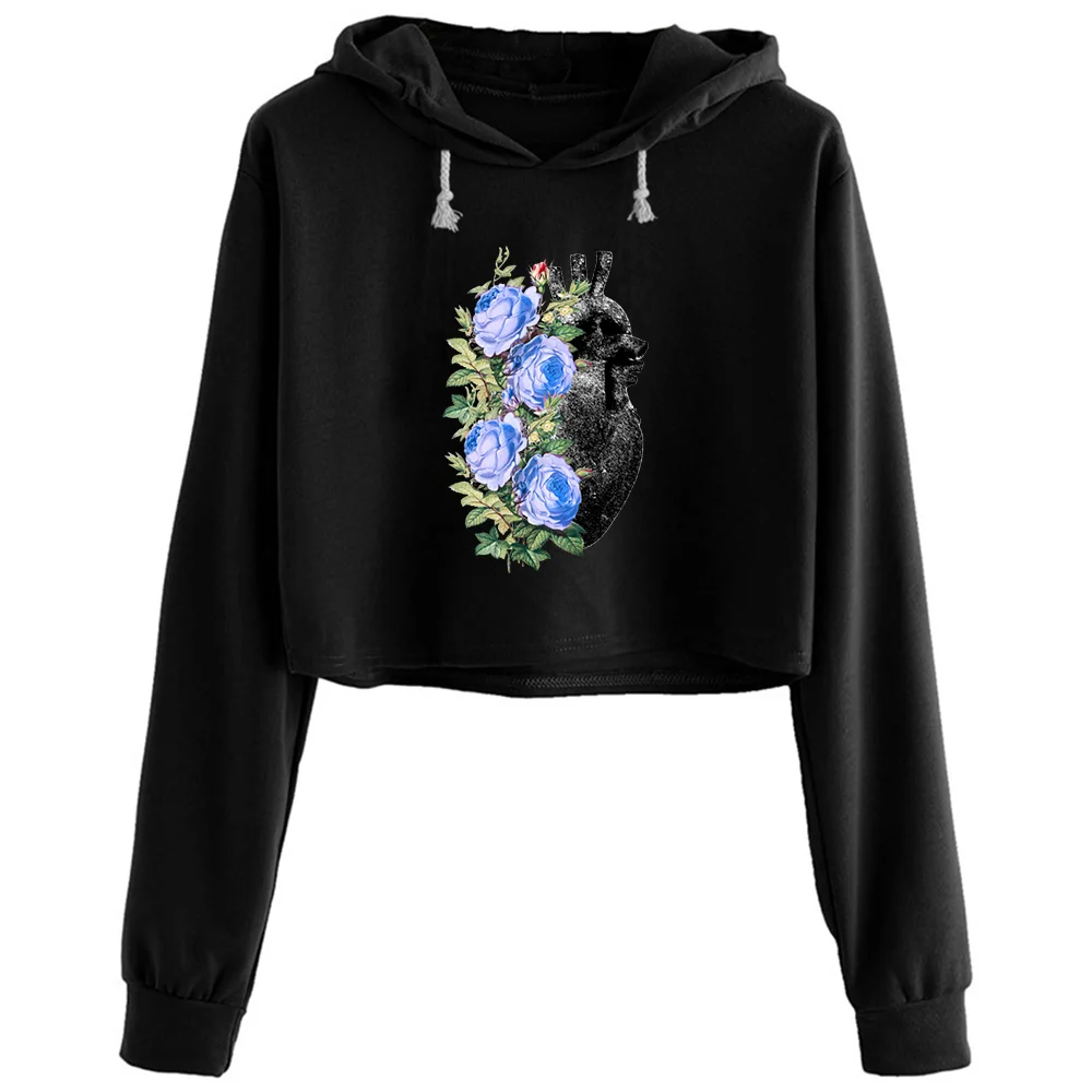 

Heart With Flowers Crop Hoodies Women Korean Y2k Kawaii Goth Pullover For Girls