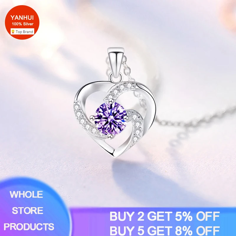 

100% Original 925 Sterling Silver New Women Fashion Jewelry Purple Crystal Zircon Heart Pendant Necklace Length 40cm 45CM 50cm