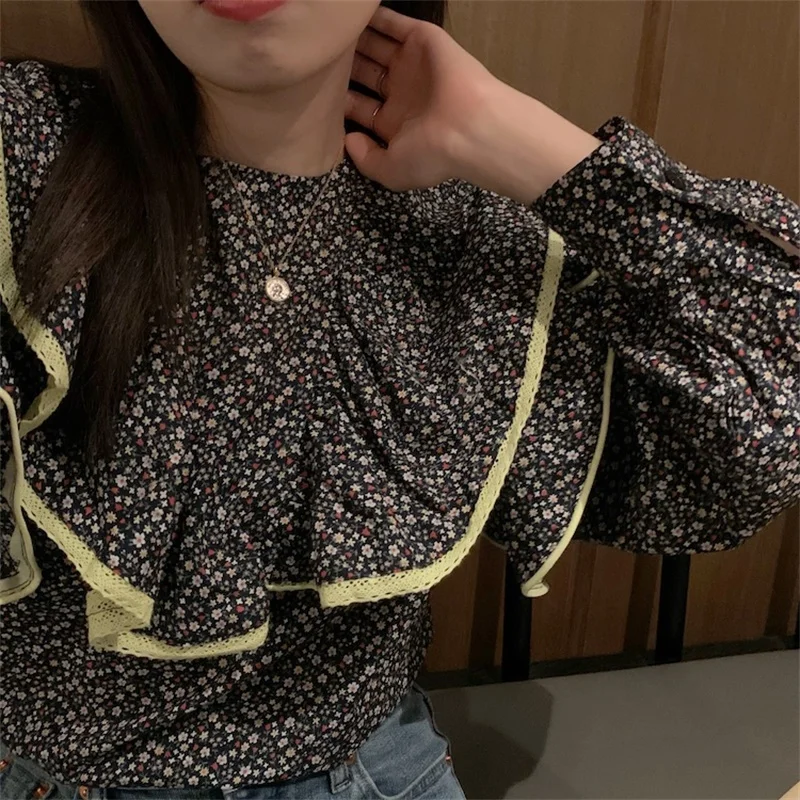 

2021 Spring Autumn All-Match Korea Chic Folds Blouse Women O-Neck Long Sleeve Slim Waist Shirt Ladies Solid Black Thin Tops
