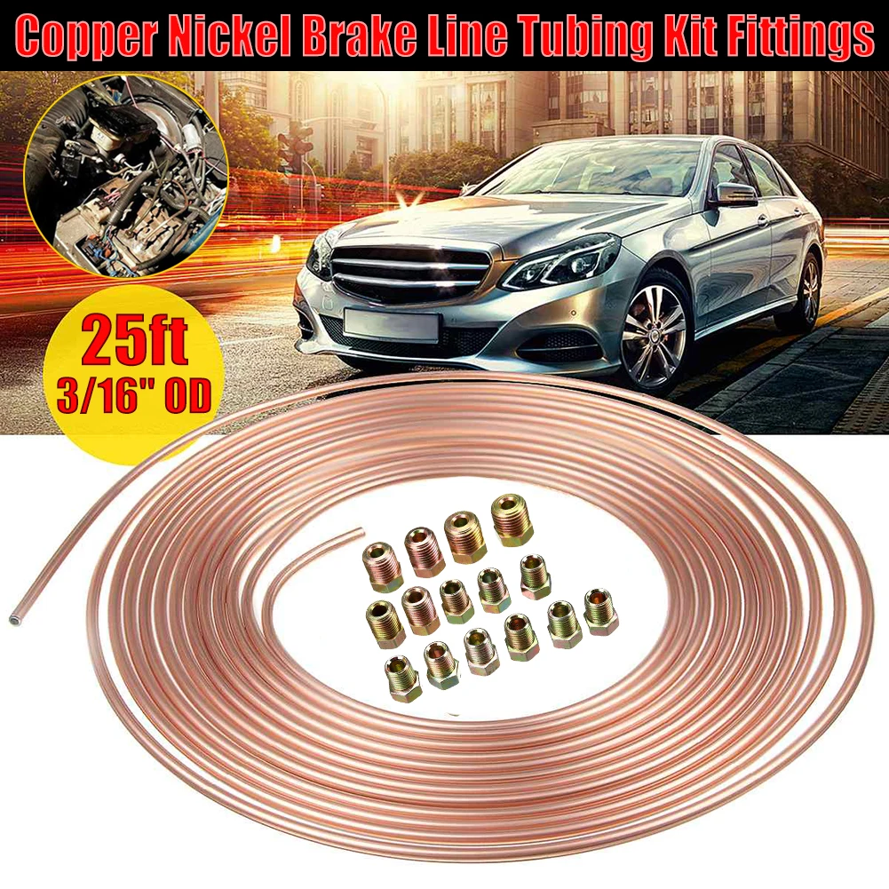 

25 Ft. Roll Coil of 3/16" OD Copper Nickel Brake Line Tubing Kit with Fittings Car Accessories Auto Replacement Parts