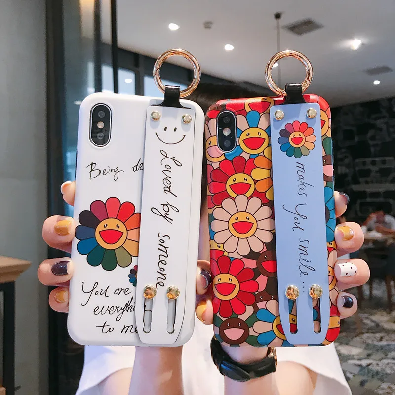 Чехол с подсолнухом для iPhone 11 Pro X XR XS Max 7 8 Plus, чехол с милым ремешком, подставка для телефона, чехол для iPhone 7 8 6S Plus