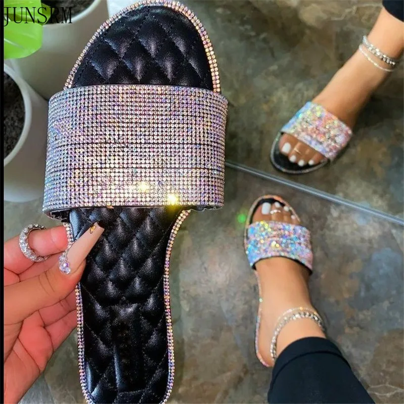 

2021 new rhinestone flat-bottomed outdoor beach sandals and slippers female large size 43