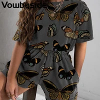 butterfly print casual fashion womens suit short sleeve round neck t shirt loose short sets summer