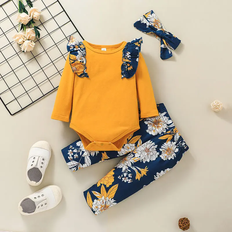 

Infant Baby Girl Clothes Newborn Autumn Long Sleeve Ruffle Cotton Tops Romper Floral Pants Clothing Outfit Set Fall 0-24M
