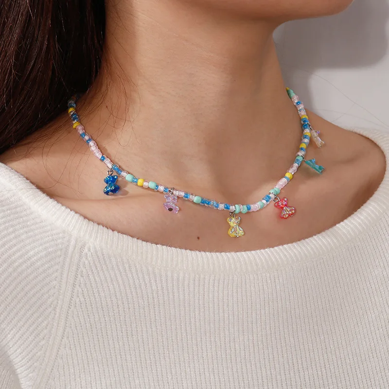 

New Design Korean Summer Colorful Gummy Bear Pendant Choker Resin Multicolor Rice Beaded Clavicle Necklace for Women Girls Gifts