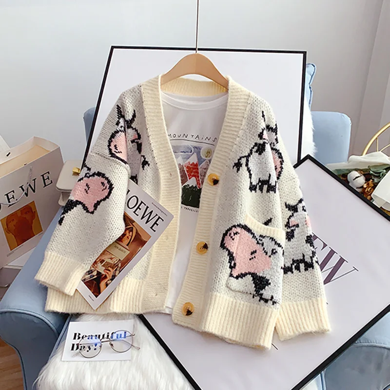 

EBAIHUI Cardigan for Women Cartoon Cows Print V-neck Sweater Coat Knitted Leisure Jumper Korean Fashion Thick Winter Cardigans