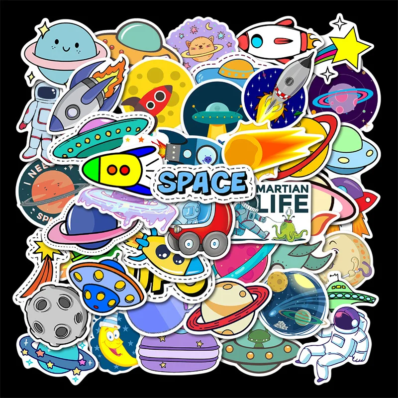 

50 pcs Planet Rocket UFO Astronaut Cartoon Doodle DIY Waterproof Skateboard Laptop Phone Guitar Car Sticker Decals Toy For Kids