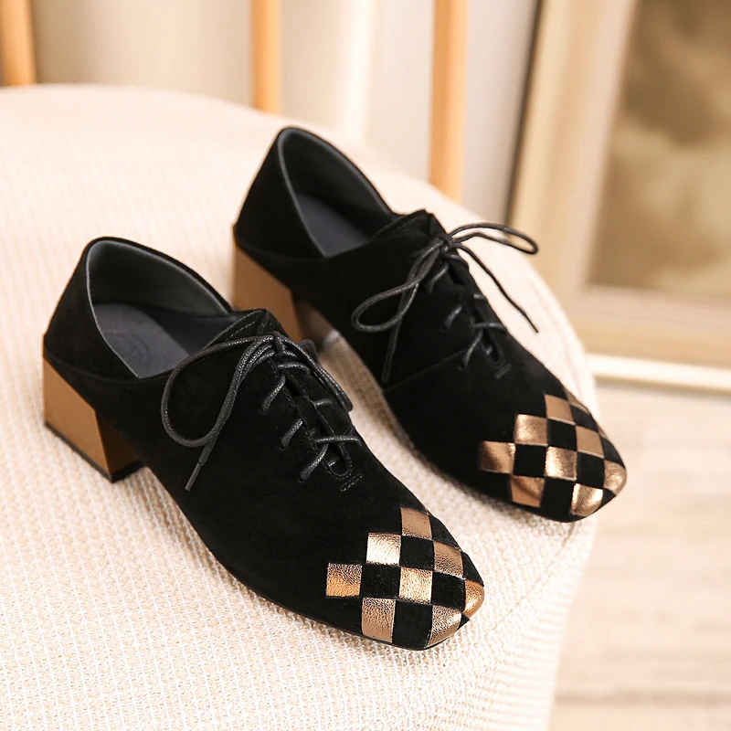 

Original Intention Mid Square Heels Square Toe Shoes Woman Mixed Colors Black Gold Grids Shoes Fashion Lady Mature Office Shoes
