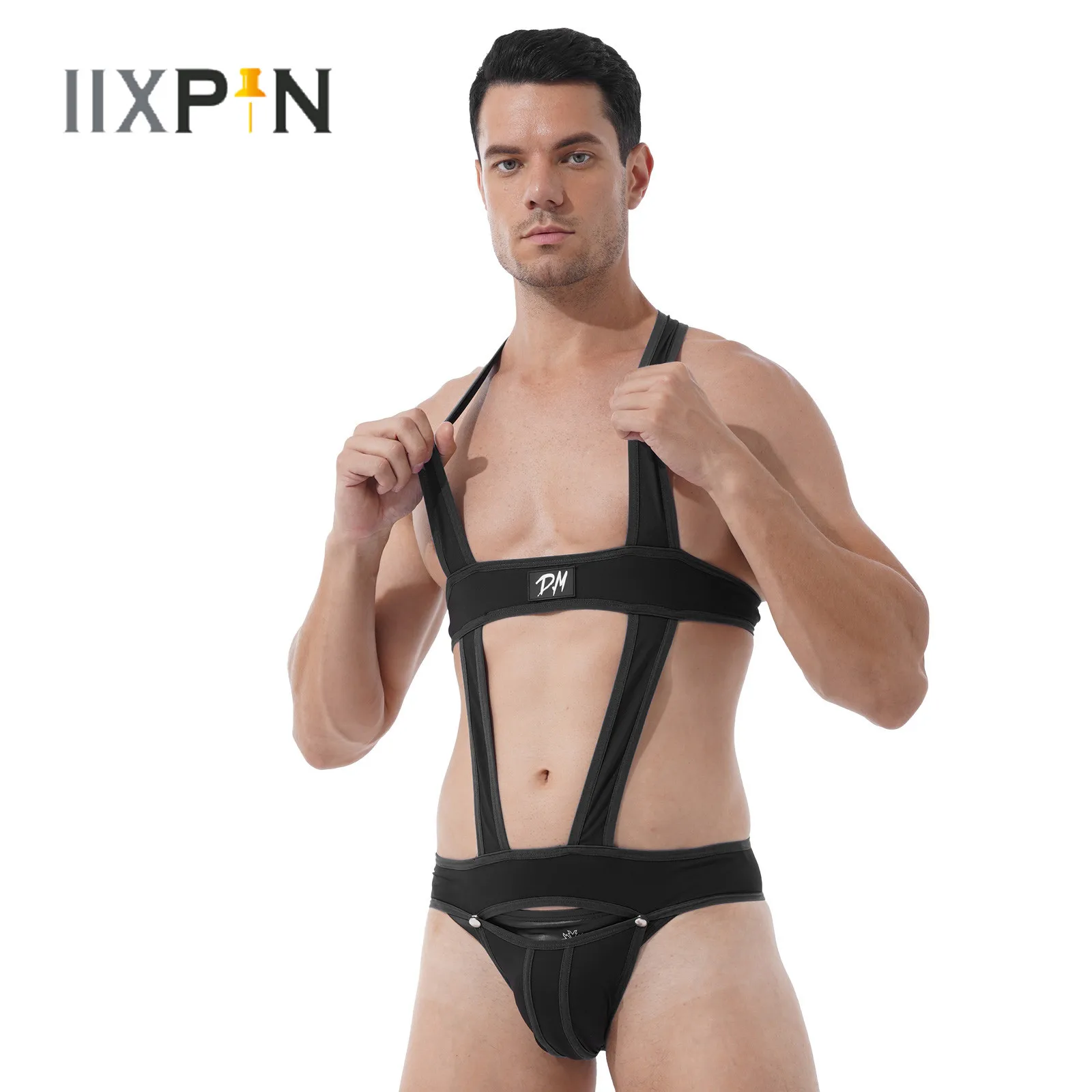 

Mens Contrast Color Hollow Out Bodycon Jumpsuit Erotic Leotard Romper Bulge Pouch Jockstrap Catsuit Nightclub Stage Show Costume