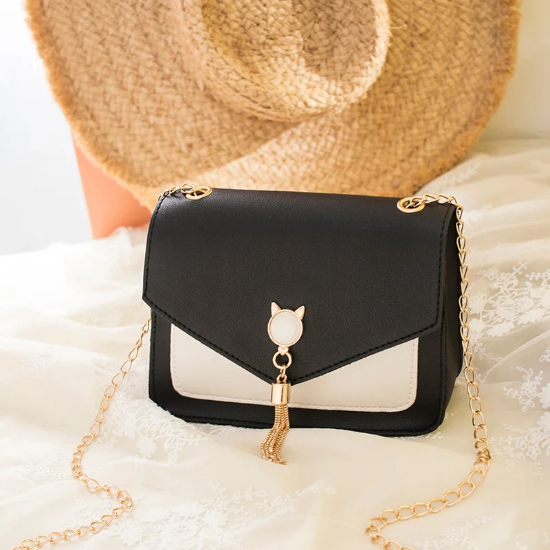 Women Bag Contrast Color Leather Tassel Small Square Shoulder