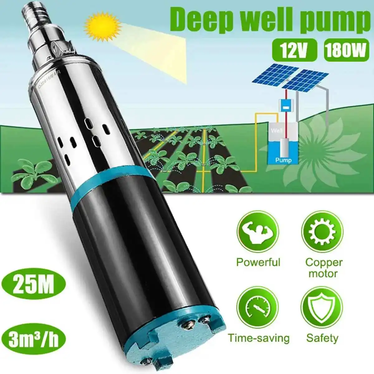 

12V/24V High Lift 25m Solar Water Pump High Pressure Deep Well Pump Submersible DC Pump Agricultural Irrigation Garden