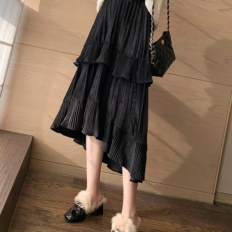 

ZAWAHIKI Pleated Ruffles Irregular Elegant Chiffon Women's Skirts 2021 Spring Solid Loose Hight Waist Mid-calf Mujer Faldas