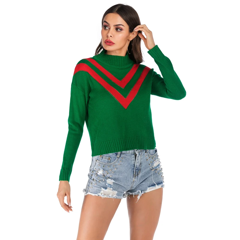 Зеленые Лоскутные трикотажные свободные пуловеры свитера красный полосатый