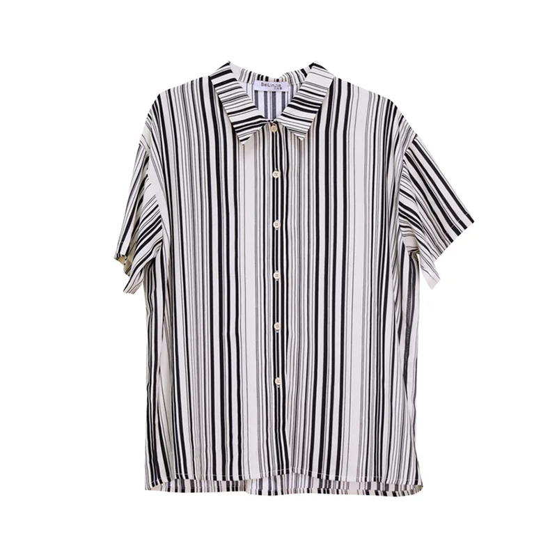 

Korejepo Women Shirts 2021 Summer Korean Temperament Fashion Slim Short-Sleeved Retro Hong Kong Style Straight Striped Blouses
