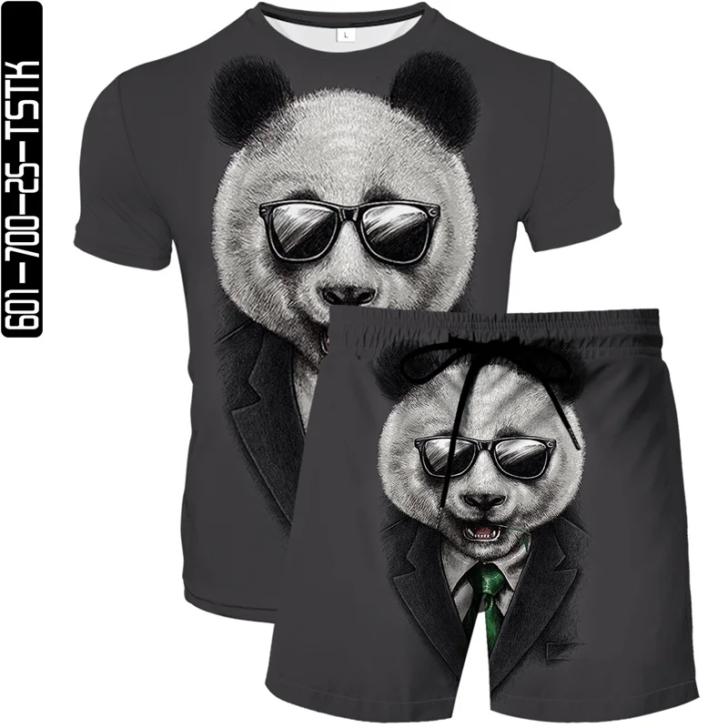 

2021 summer new men's 3D printed beach pants fashion trend boutique T-shirt two-piece panda element pattern quick-drying suit