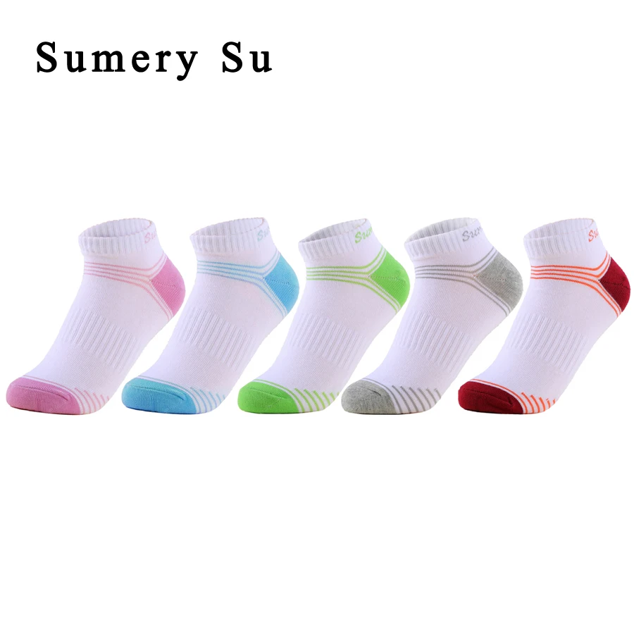 5 Pairs/Lot Sports Socks Women Cotton Cute Colorful Stripe Athletic Running Outdoor Gym White Sock Girl Travel 2 Styles Hot Sale