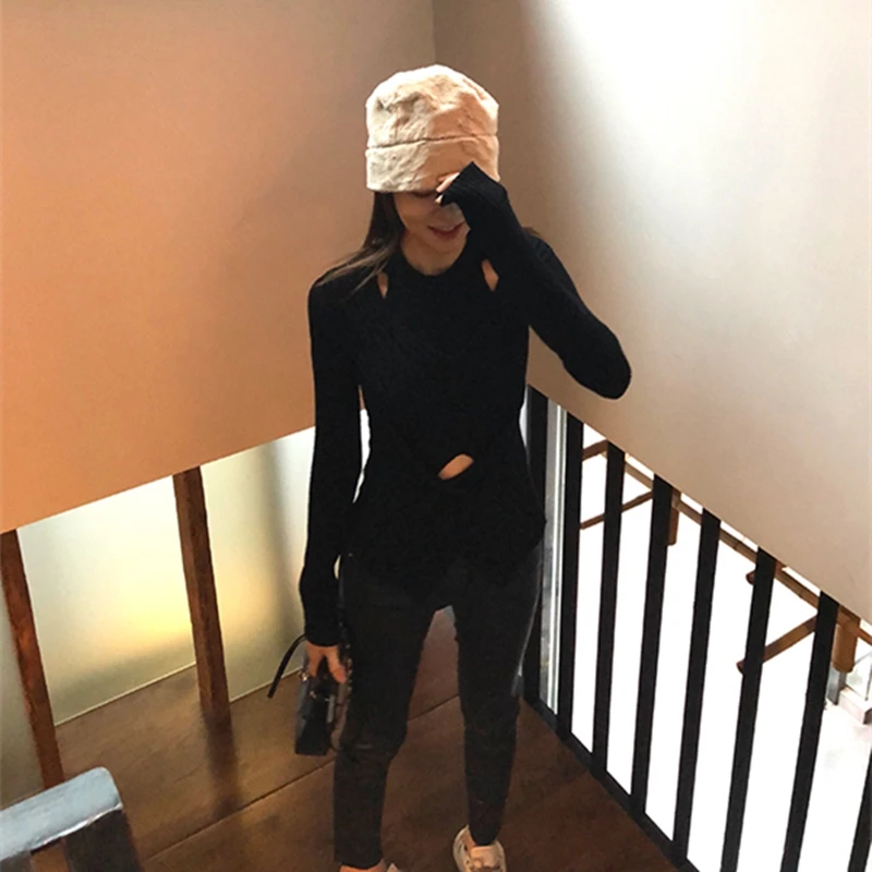 Женские футболки в рубчик с длинным рукавом и высоким воротом осень 2019