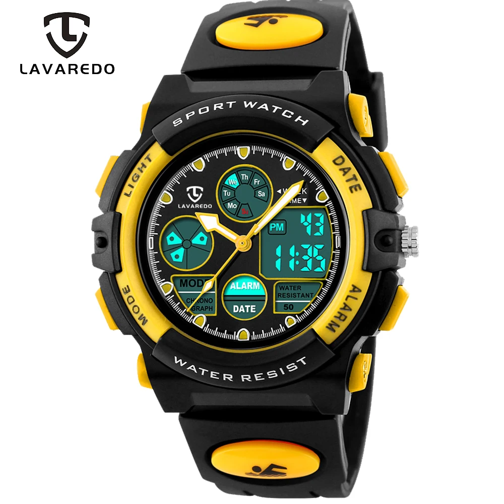 Yellow LAVAREDO, детские спортивные часы, модный светодиодный, кварцевые, многофункциональные, цифровые часы для детей, 50 м, водонепроницаемые наручные часы A9 - Цвет: Yellow