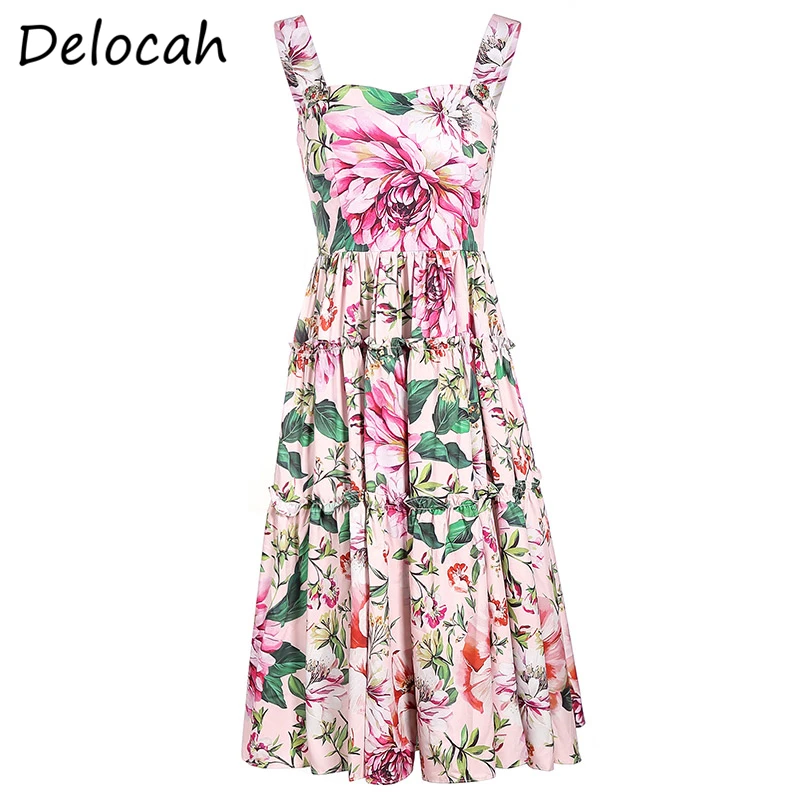 

Delocah Summer Women Fashion Runway Holiday A-line Dress Sexy Spaghetti Strap Floral Print Female Big Swing Midi Dresses vestido