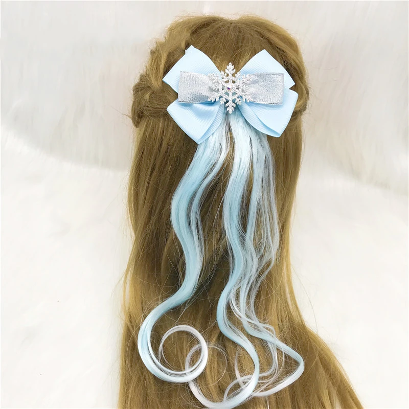 Детский голубой длинный парик Снежинка аксессуары для волос детей бант заколки