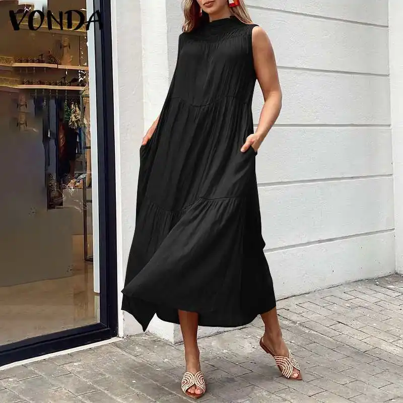 

Maxi Long Dress VONDA 2021 Women Casual Mock Neck Pleated Tank Dresses Bohemian Vestidos Plus Size Beach Sundress S-5XL Robe
