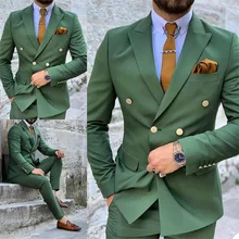 2 pçs verde masculino ternos de casamento smoking duplo breasted noivo baile de formatura feito sob encomenda blazer formal negócios trajes de festa de formatura hommes (2)