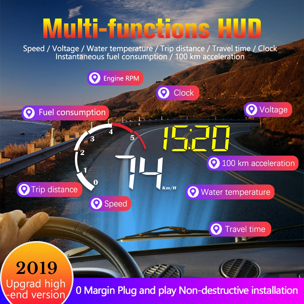 Newest Hud Car Obd2 Computer Head Up Display Obd Digital Speedometer Windshield Projector ObdII Rpm Fatigue Driving Km/H Mph | Автомобили