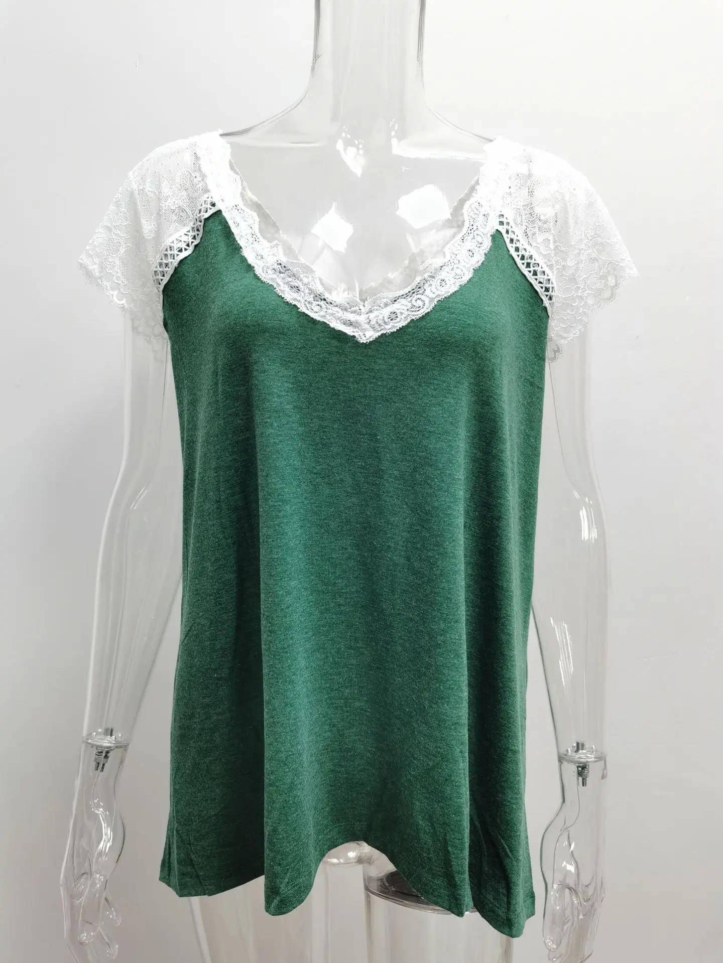 2020 Сексуальная кружевная вязаная футболка с V-образным вырезом Повседневная