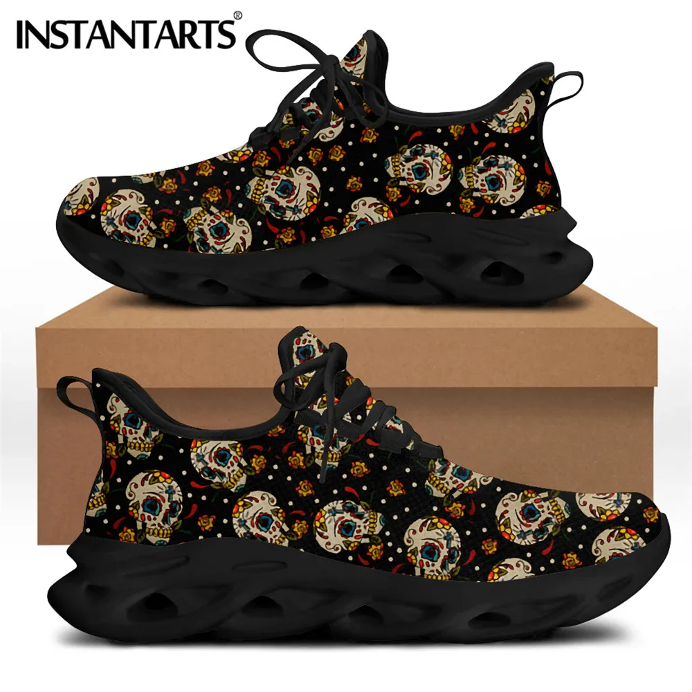 

INSTANTARTS Women Shoes Brand Design Sugar Skull Floral Casual Lace Up Flats Sneaker Breathable Mesh Walking Shoe Zapatos Mujer