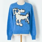 Трикотажный свитер с длинным рукавом и изображением большого глаза с изображением собаки, пуловер, повседневный женский свитер свободного покроя синего и белого цветов на осень и зиму, брендовая Новинка