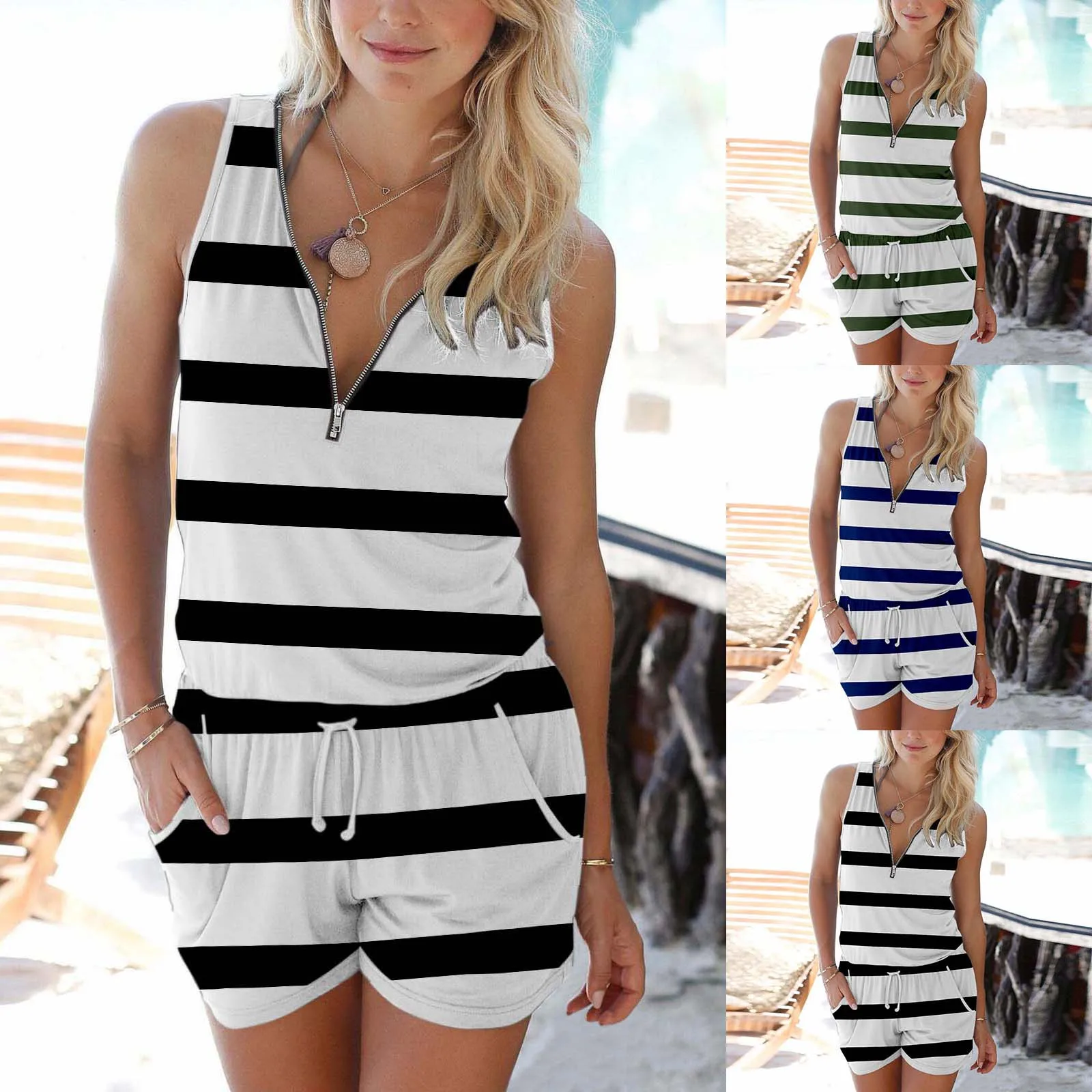 

Womens Summer Romper Sleeveless Zipper Striped Jumpsuits Beach Short Jumpsuit Summer Romper Overalls Casual Wide Leg Playsuits