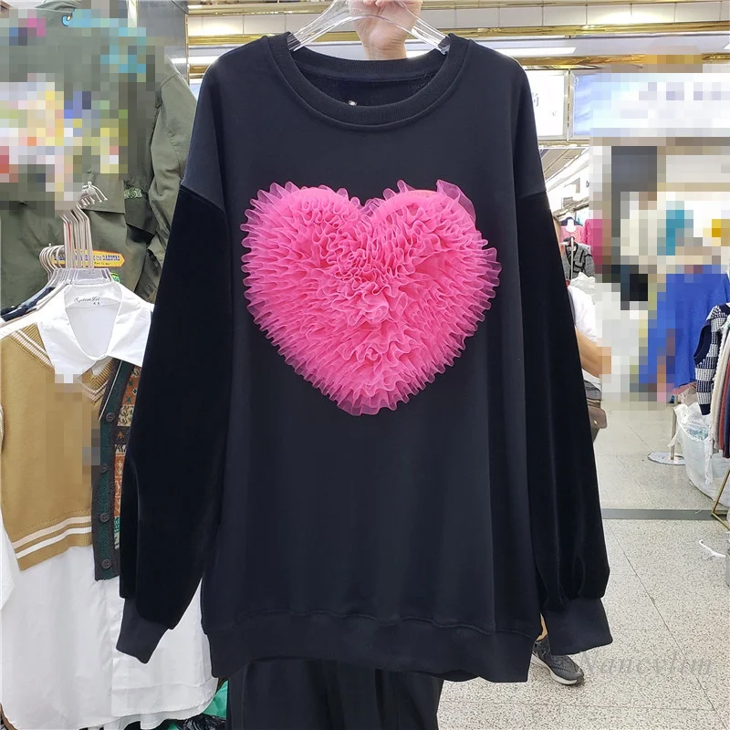 

Loose Hoodies Womens 2021 Autumn and Winter New Loose Three-Dimensional Love Mesh Patch Sweatshirt Female Students Top Pullovers