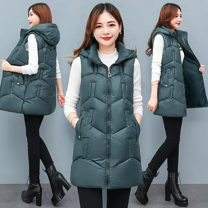 

Autumn Winter Vest Women Waistcoat 2022 Female Sleeveless Jacket Hood Warm Long Vest Jacket Feminino 4XL Outwear