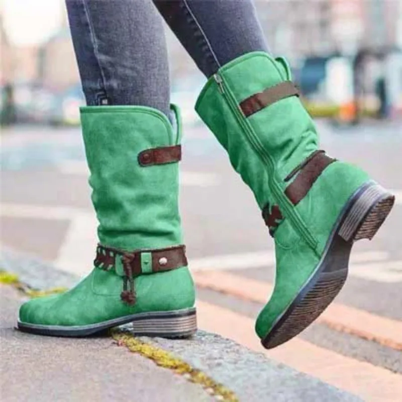 

Women Mid-calf Boots Low Heels Shoes Woman Warm Booties Gladiator PU Leather Shoe Chaussures Femme Zapatos Mujer Sapato