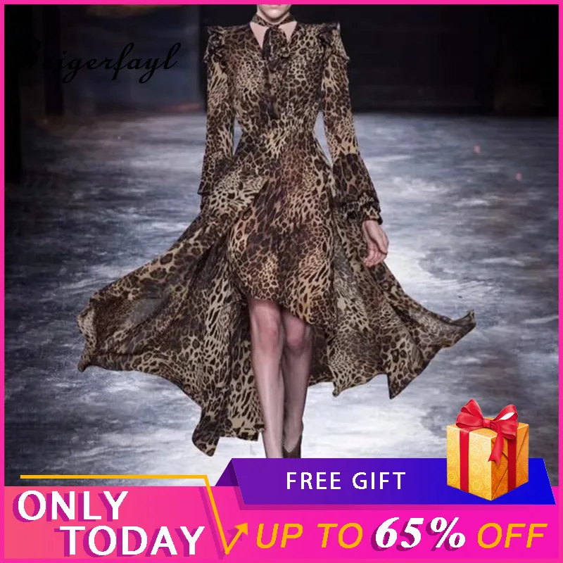 Beigerfayl Leopard Print Chiffon Gepard Dress 2019 Autumn New Fashion Design V Neck Long Sleeve Cheetah Dresses TDR17138 Женская