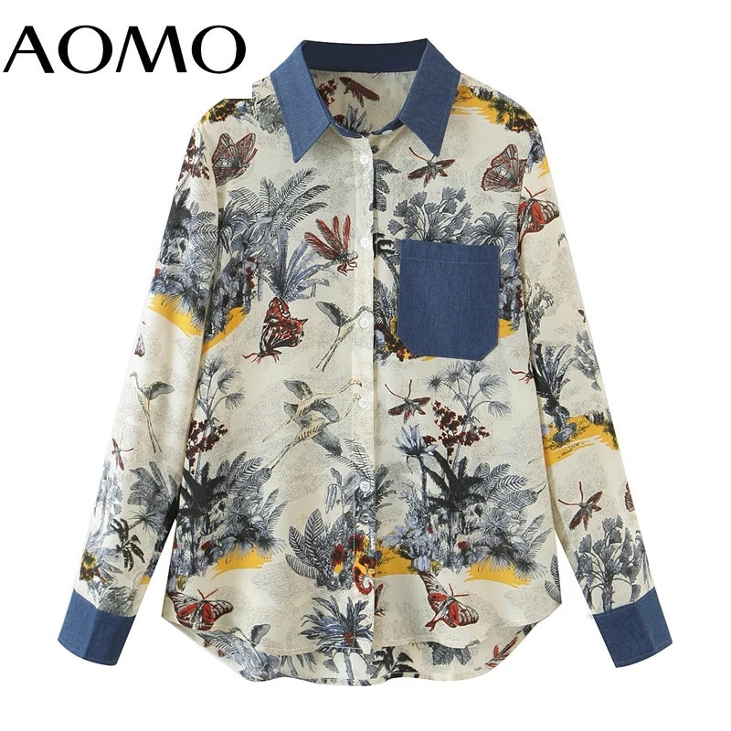 

AOMO Women Vintage Flowers Print Shirt Long Sleeve 2021 Chic Female Office Lady Tops Blouse WN03A