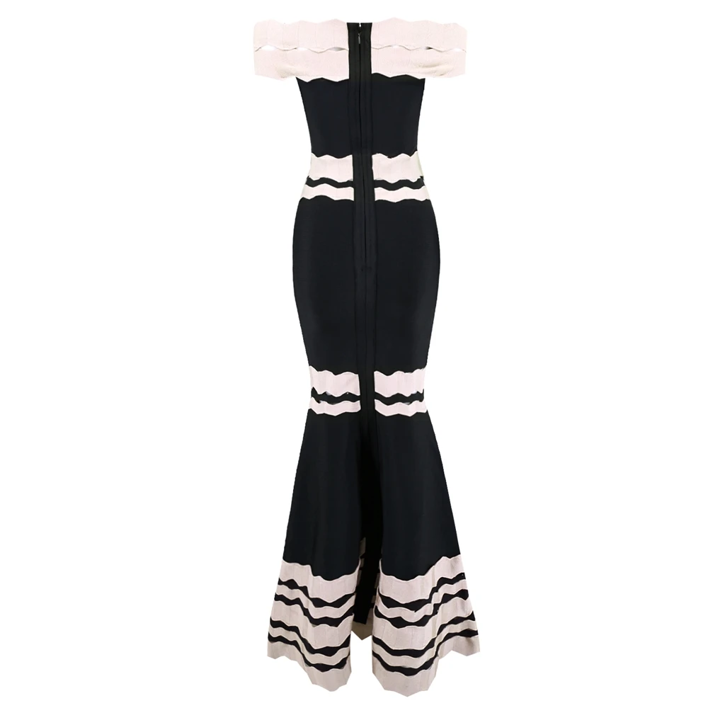 

2019 New Fashion Women Summer Jacquard Bandage Dress Long Maxi Mermaid Off The Shoulder Black Elegant Celebrity Party Vestidos