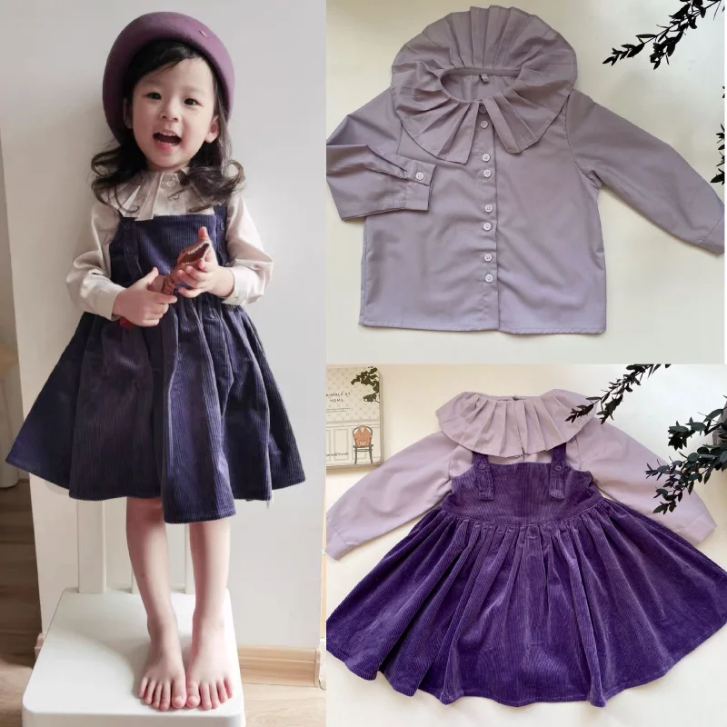 

In Stock Girls Purple Dress 2021 New Autumn and Winter Brand Girl Blouse Cotton Corduroy Strap Skirt