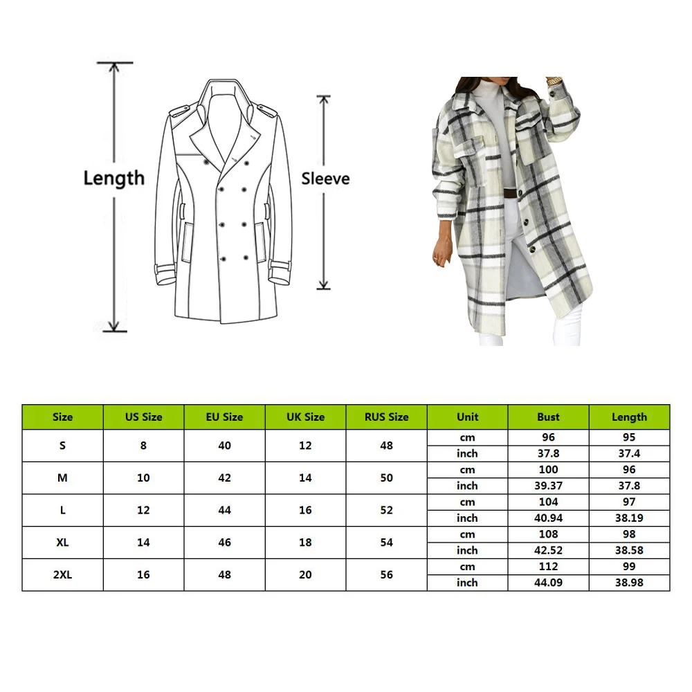 

Women Spring Checked Outwear Coat Women Jacket Turn Down Overcoat Warm Plaid Long Coat Oversize Thick Blends Female Streetwear