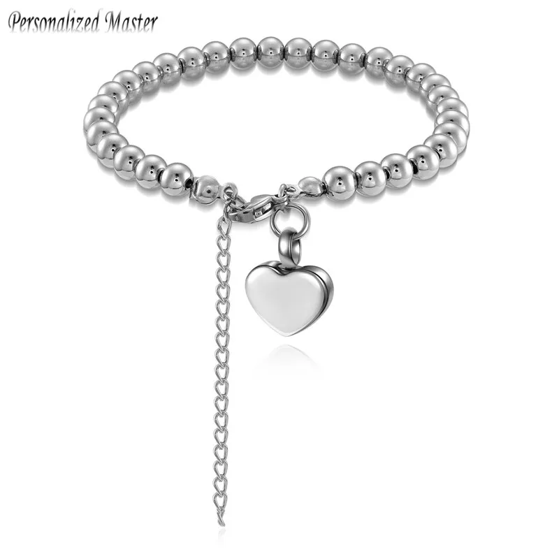 

Personalized Master Custom Cremation Urns Bracelet for Ashes Stainless Steel 6mm Bead Love Heart Memorial Bracelets Women Gift