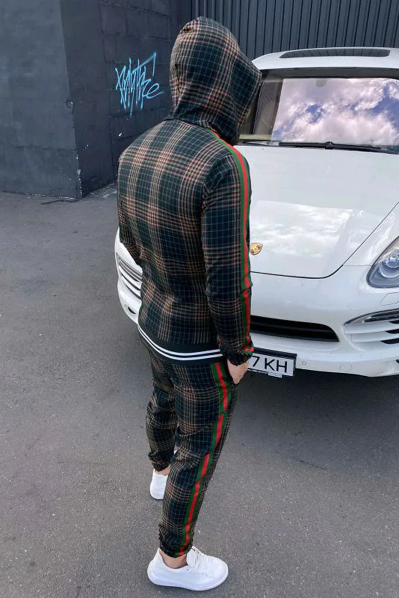 

Spring Autumn Men's Trendy Brand 3D Lattice Hooded Sweatshirt Fashion Slim Jacket Casual Hip-Hop High Street Zipper Jacket Suit