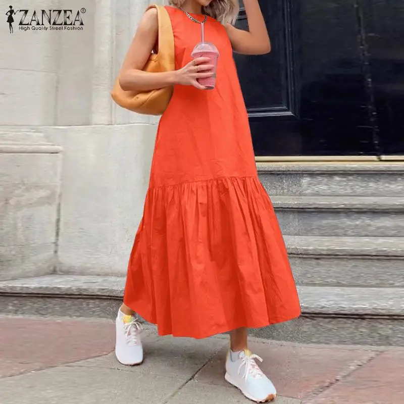 

2022 Summer Solid Maxi Dress ZANZEA Sleeveless A Line Robe Fashion Casual Ruffle Dresses Womens Elegant Beach Sundress