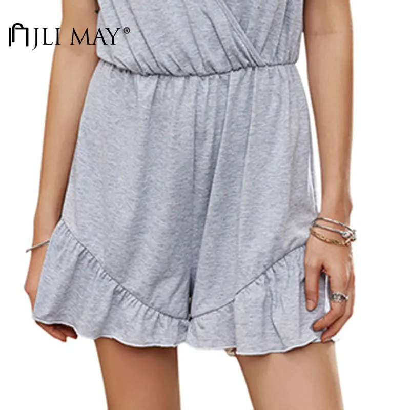 

JLI MAY Women's Solid Playsuit Cotton V-neck Patchwork Ruffles Hemline Empire Slim Summer Casual Loose Straight Playsuits