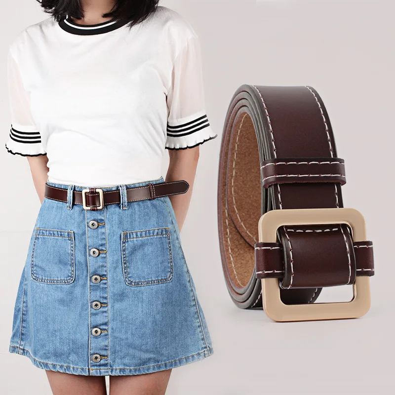 

European new style women's belt multi color square buckle needle free belt smooth buckle no hole personalized belt