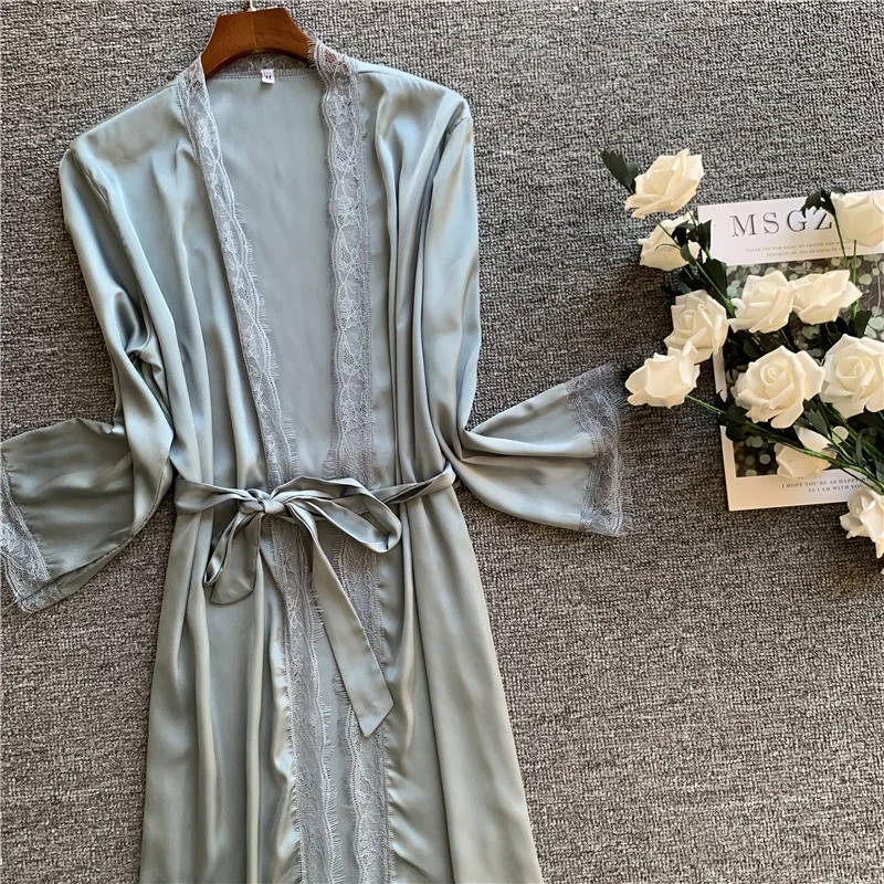 

Kimono Women's Short Robe Long Sleeve Lace Trim Soft Faux Silk Bathrobe and Bath Cap Loungewear