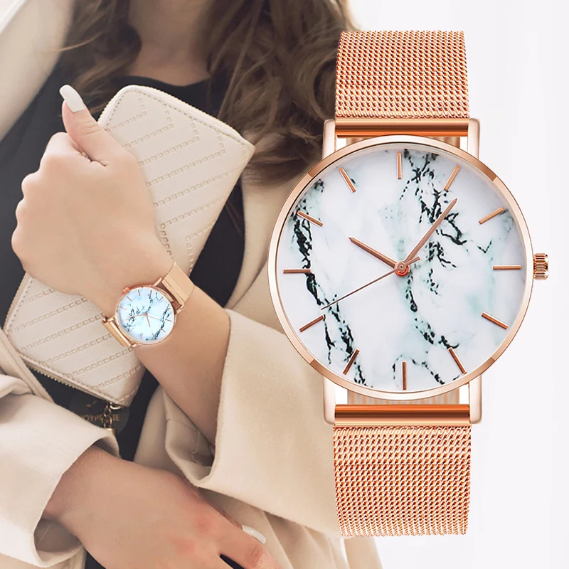 

2020 Fashion Rose Gold Mesh Belt Creative Marble Women's Watch Luxury Women's Quartz Watch Gift Relogio Feminino Direct Shipping