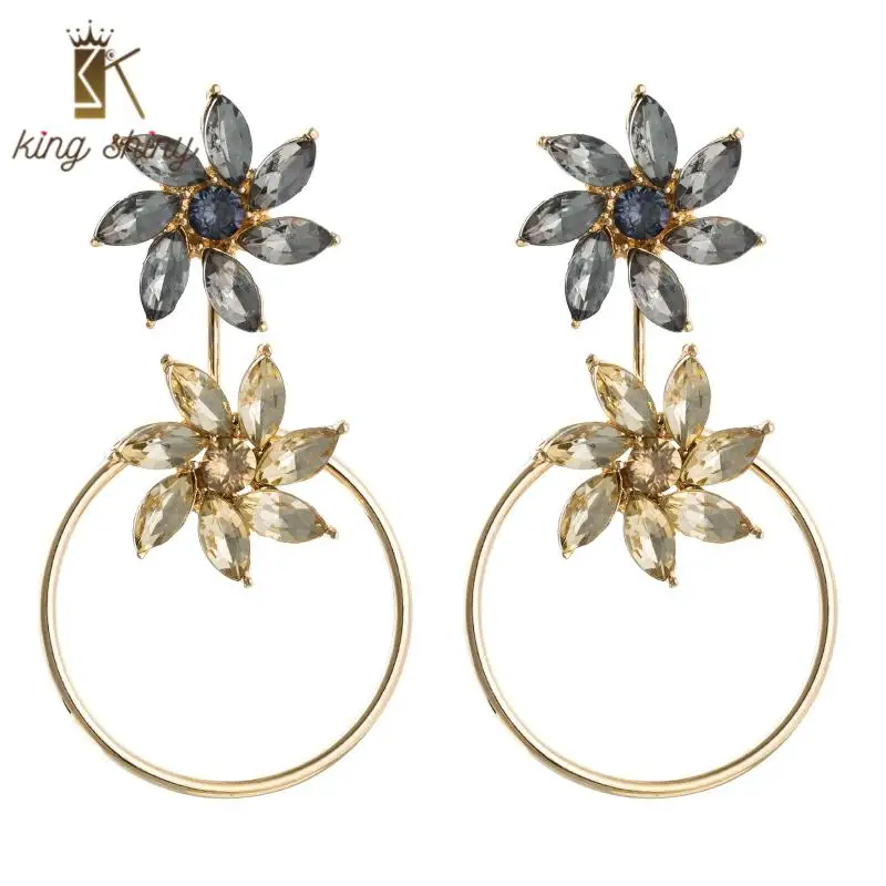 

2020 New Arrivals Korean Statement Earrings for Woman High Class Two Layers Removable Big Round Rhinestone Flower Drop Earrings