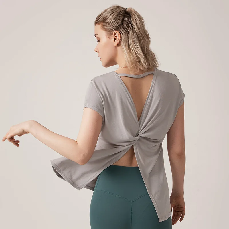 

Women Yoga T-shirt Open Back Bow Knot Top Sport Fitness Shirt Sexy Modal Gym Clothes Athletic Active Fit Running Workout Blouse